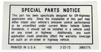 Special Parts Notice Valve Cover Decal | 1973-76 Camaro | Jim Osborn Reproductions | 41132