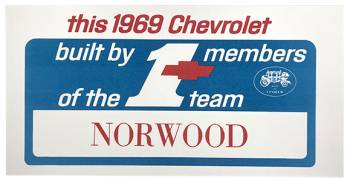 Norwood #1 Team Window Card | 1969 Camaro | Jim Osborn Reproductions | 41255