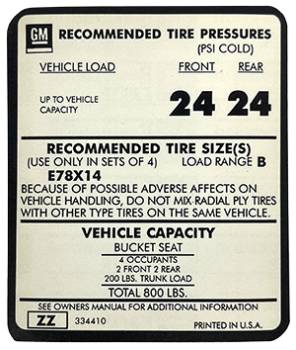 Tire Pressure Decal | 1973 Camaro | Jim Osborn Reproductions | 41221