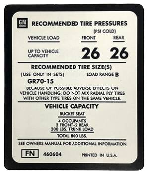 Tire Pressure Decal | 1977 Camaro Z/28 | Jim Osborn Reproductions | 41227