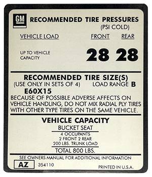 Tire Pressure Decal | 1975 Camaro Z/28 | Jim Osborn Reproductions | 41226