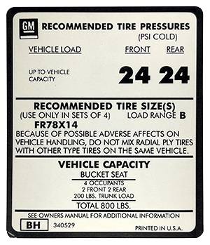 Tire Pressure Decal | 1974-76 Camaro | Jim Osborn Reproductions | 41225