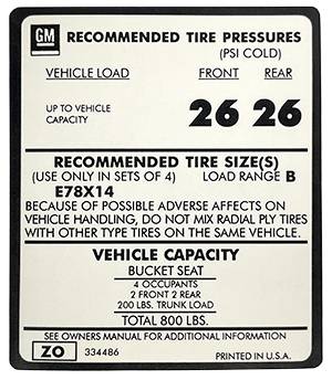 Tire Pressure Decal | 1973-74 Camaro | Jim Osborn Reproductions | 41222