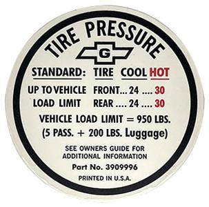 Tire Pressure Decal | 1967 Camaro | Jim Osborn Reproductions | 41207