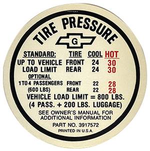 Tire Pressure Decal | 1967 Camaro SS | Jim Osborn Reproductions | 41208