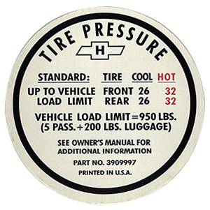 Tire Pressure Decal | 1967 Camaro SS | Jim Osborn Reproductions | 41209