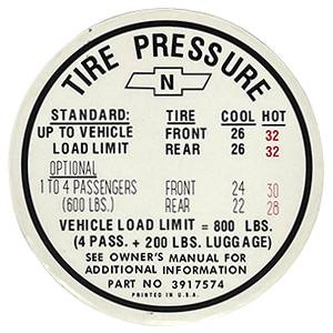 Tire Pressure Decal | 1967 Camaro SS | Jim Osborn Reproductions | 41210