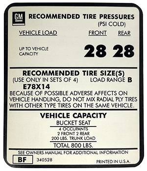 Tire Pressure Decal | 1970 Camaro SS | Jim Osborn Reproductions | 41215