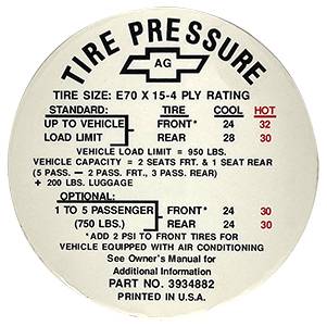 Tire Pressure Decal | 1968 Camaro Z/28 | Jim Osborn Reproductions | 41212