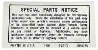 Special Parts Notice Valve Cover Decal